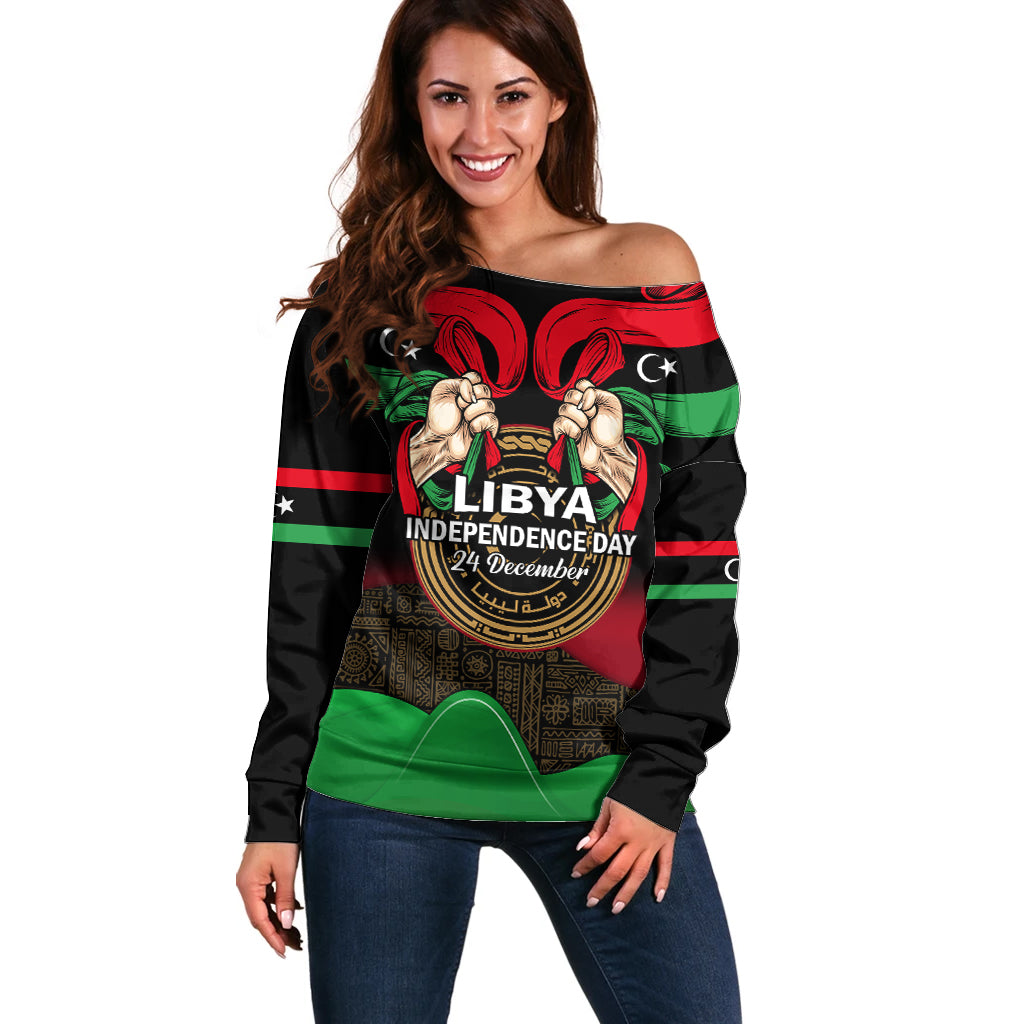 Libya Independence Day Off Shoulder Sweater Happy 24 December African Pattern Flag Style - Shopicos