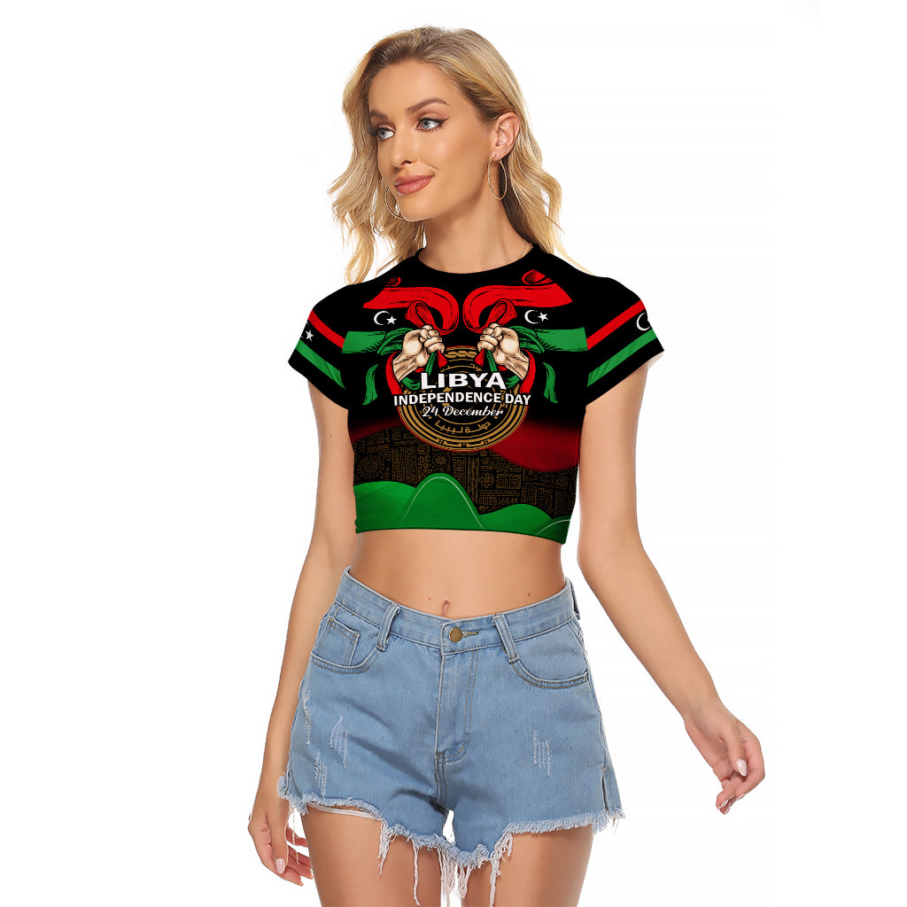 Libya Independence Day Raglan Cropped T Shirt Happy 24 December African Pattern Flag Style - Shopicos