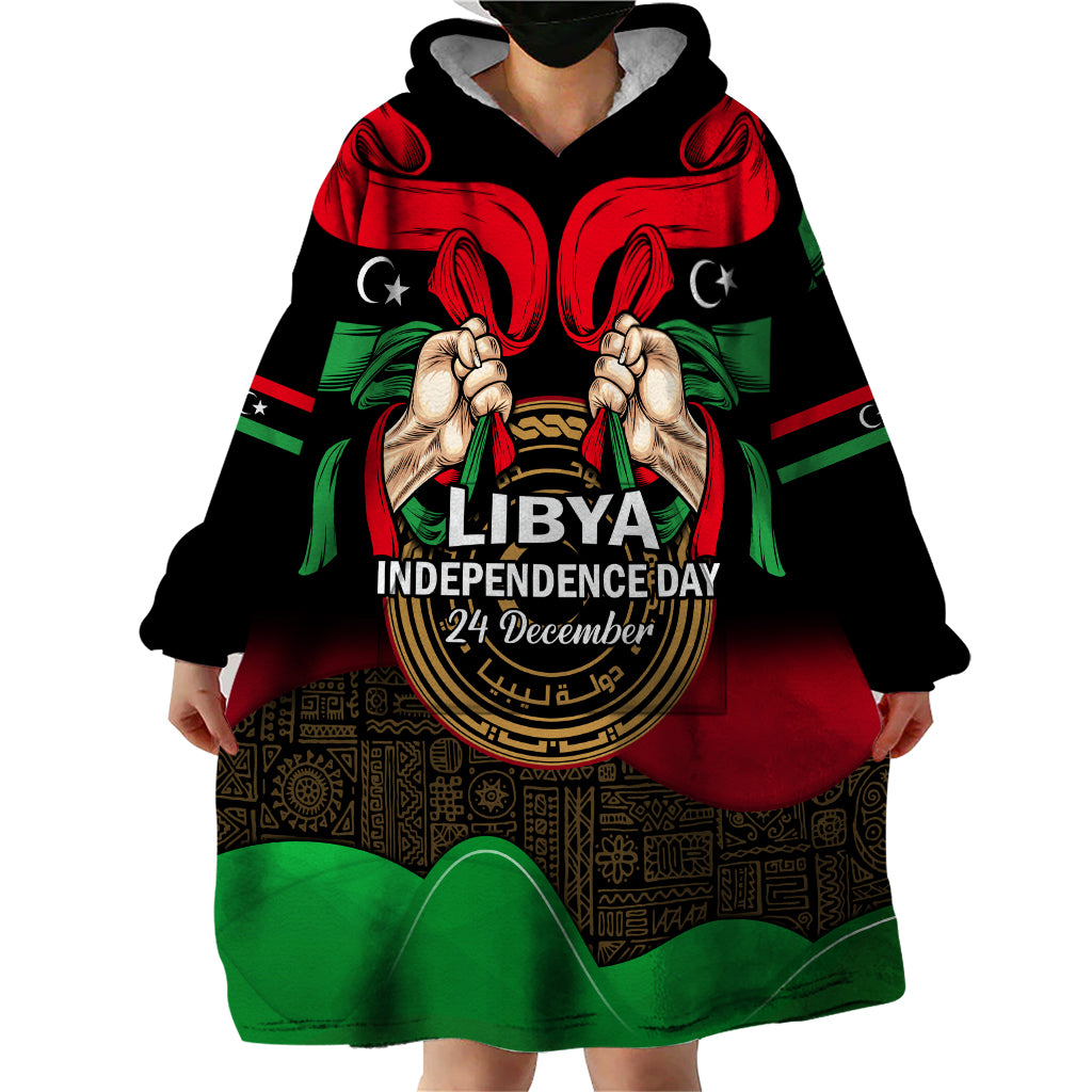 Libya Independence Day Wearable Blanket Hoodie Happy 24 December African Pattern Flag Style - Shopicos