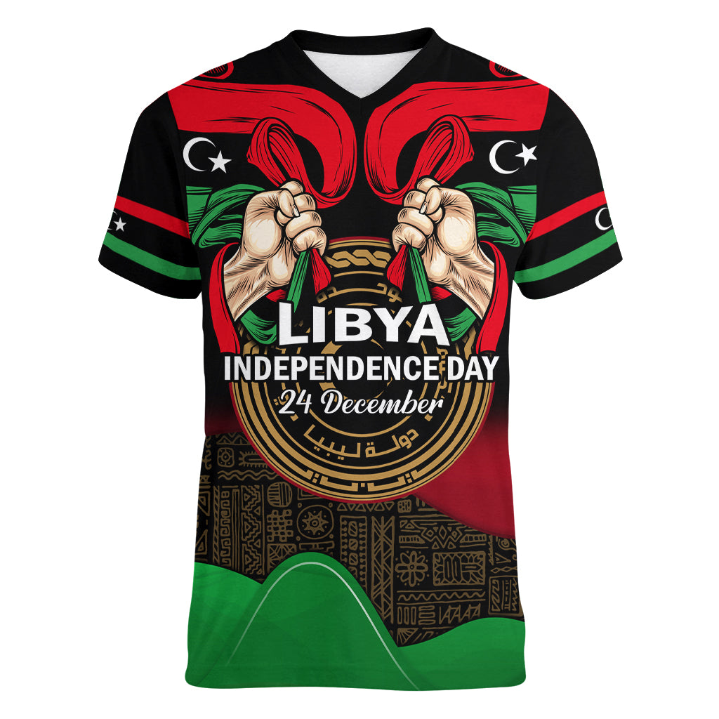 Libya Independence Day Women V Neck T Shirt Happy 24 December African Pattern Flag Style - Shopicos