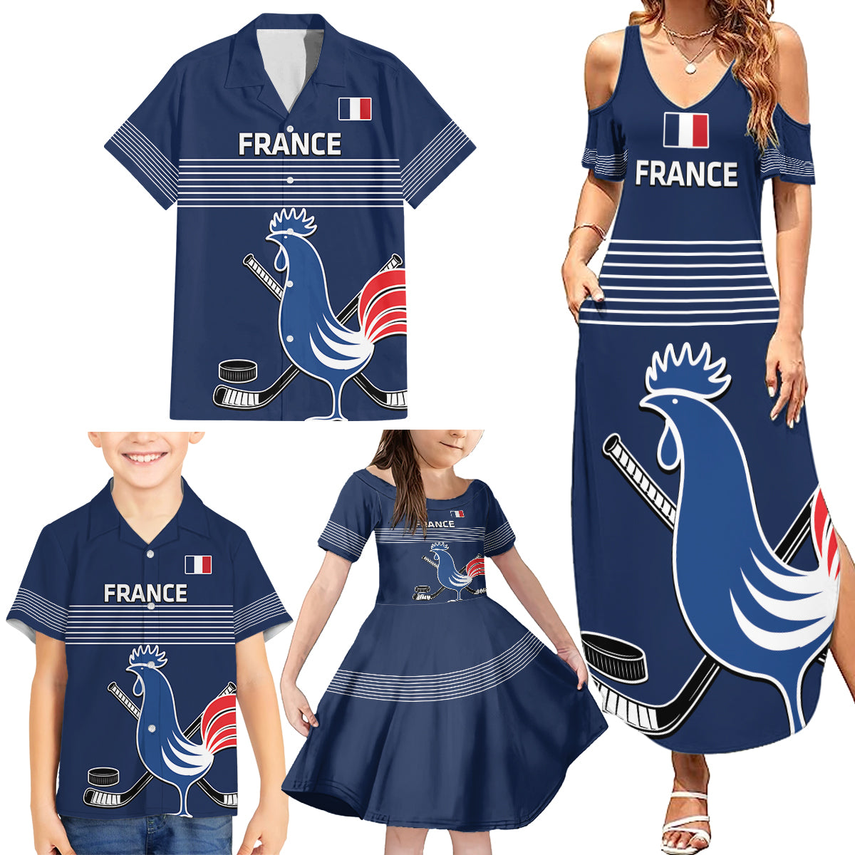 Custom France Hockey Family Matching Summer Maxi Dress and Hawaiian Shirt Francaise Gallic Rooster - Shopicos