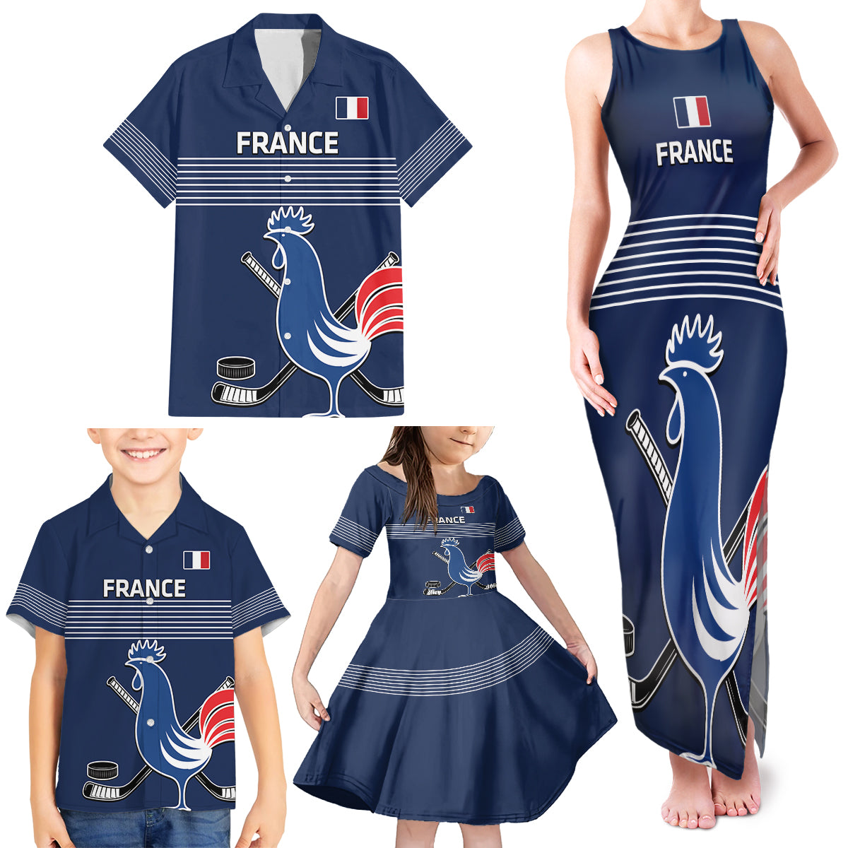 Custom France Hockey Family Matching Tank Maxi Dress and Hawaiian Shirt Francaise Gallic Rooster - Shopicos