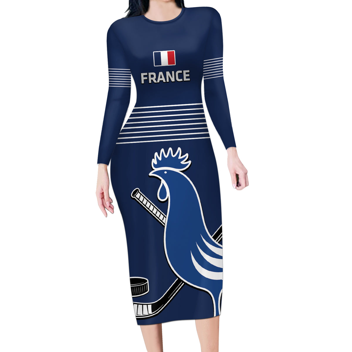 Custom France Hockey Long Sleeve Bodycon Dress Francaise Gallic Rooster - Shopicos