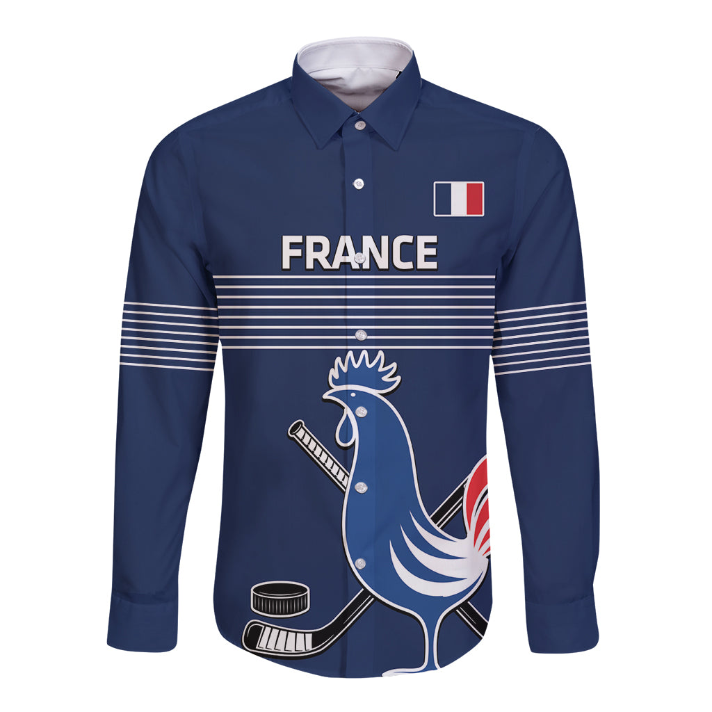 Custom France Hockey Long Sleeve Button Shirt Francaise Gallic Rooster - Shopicos