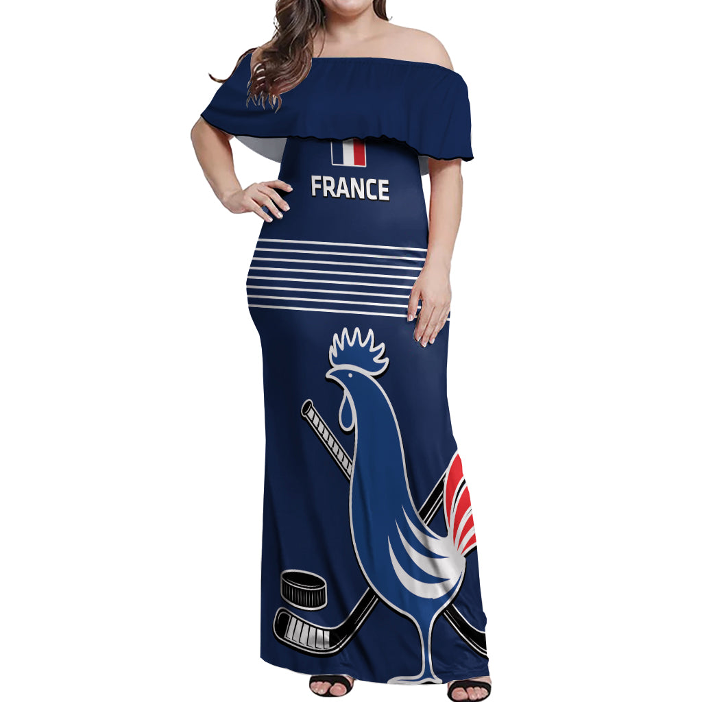Custom France Hockey Off Shoulder Maxi Dress Francaise Gallic Rooster - Shopicos