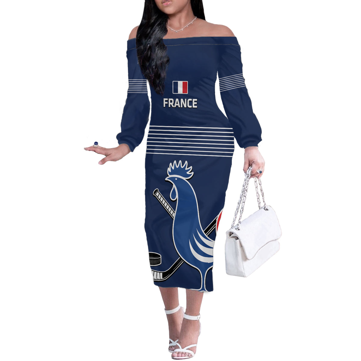 Custom France Hockey Off The Shoulder Long Sleeve Dress Francaise Gallic Rooster - Shopicos