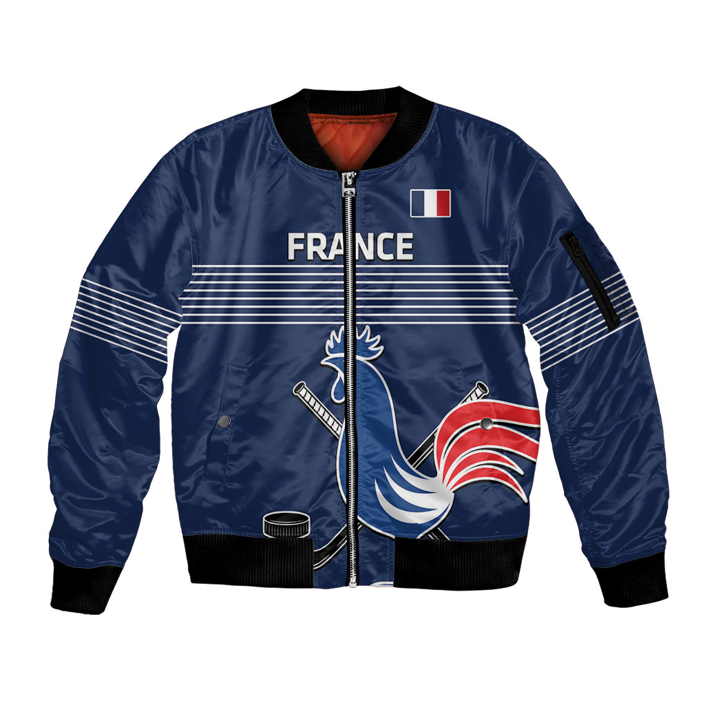 Custom France Hockey Sleeve Zip Bomber Jacket Francaise Gallic Rooster - Shopicos