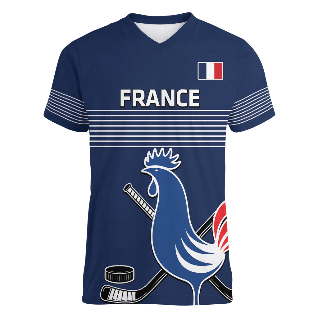 Custom France Hockey Women V-Neck T-Shirt Francaise Gallic Rooster - Shopicos