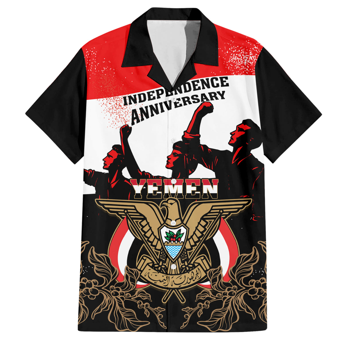 Personalised Yemen Independence Day Hawaiian Shirt Yemeni Coat Of Arms With Coffea Arabica Flowers - Shopicos