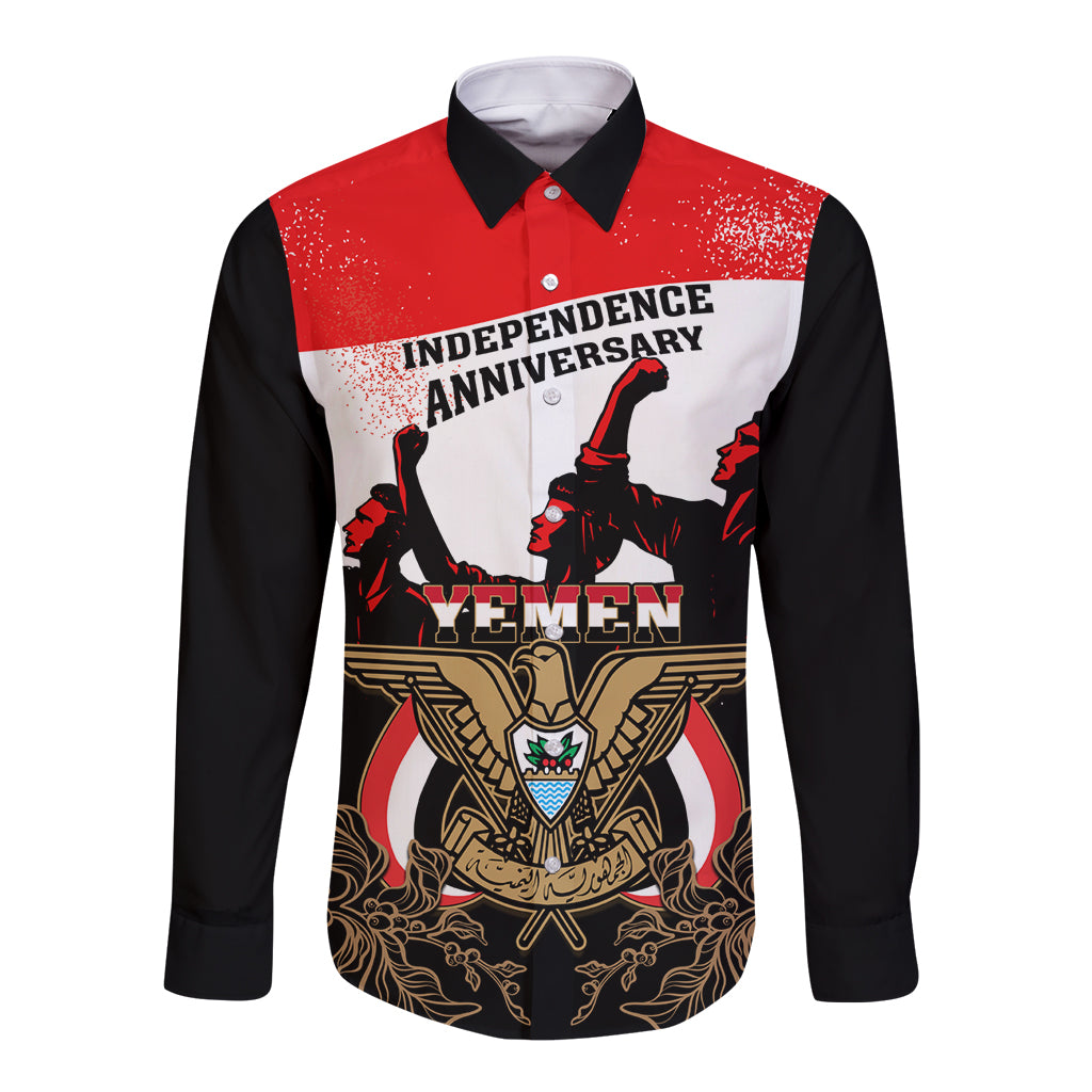 Personalised Yemen Independence Day Long Sleeve Button Shirt Yemeni Coat Of Arms With Coffea Arabica Flowers - Shopicos