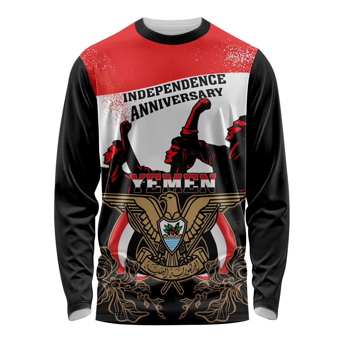 Personalised Yemen Independence Day Long Sleeve Shirt Yemeni Coat Of Arms With Coffea Arabica Flowers - Shopicos