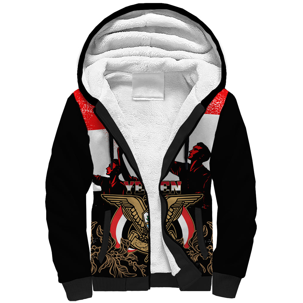 Personalised Yemen Independence Day Sherpa Hoodie Yemeni Coat Of Arms With Coffea Arabica Flowers - Shopicos