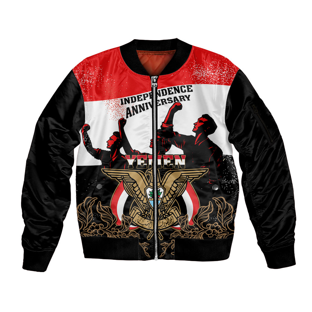 Personalised Yemen Independence Day Sleeve Zip Bomber Jacket Yemeni Coat Of Arms With Coffea Arabica Flowers - Shopicos