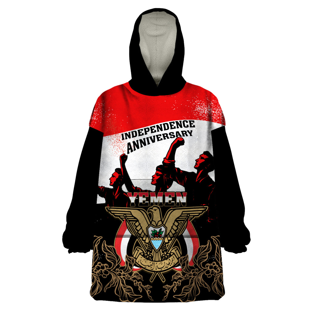 Personalised Yemen Independence Day Wearable Blanket Hoodie Yemeni Coat Of Arms With Coffea Arabica Flowers - Shopicos