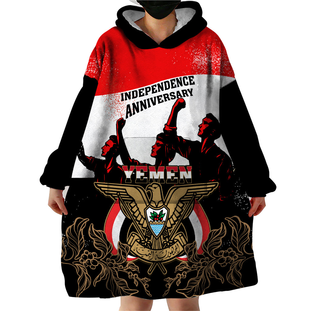 Personalised Yemen Independence Day Wearable Blanket Hoodie Yemeni Coat Of Arms With Coffea Arabica Flowers - Shopicos