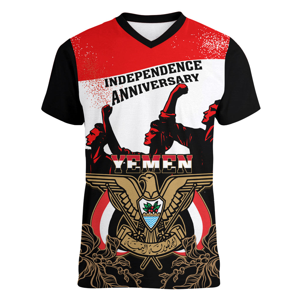 Personalised Yemen Independence Day Women V Neck T Shirt Yemeni Coat Of Arms With Coffea Arabica Flowers - Shopicos