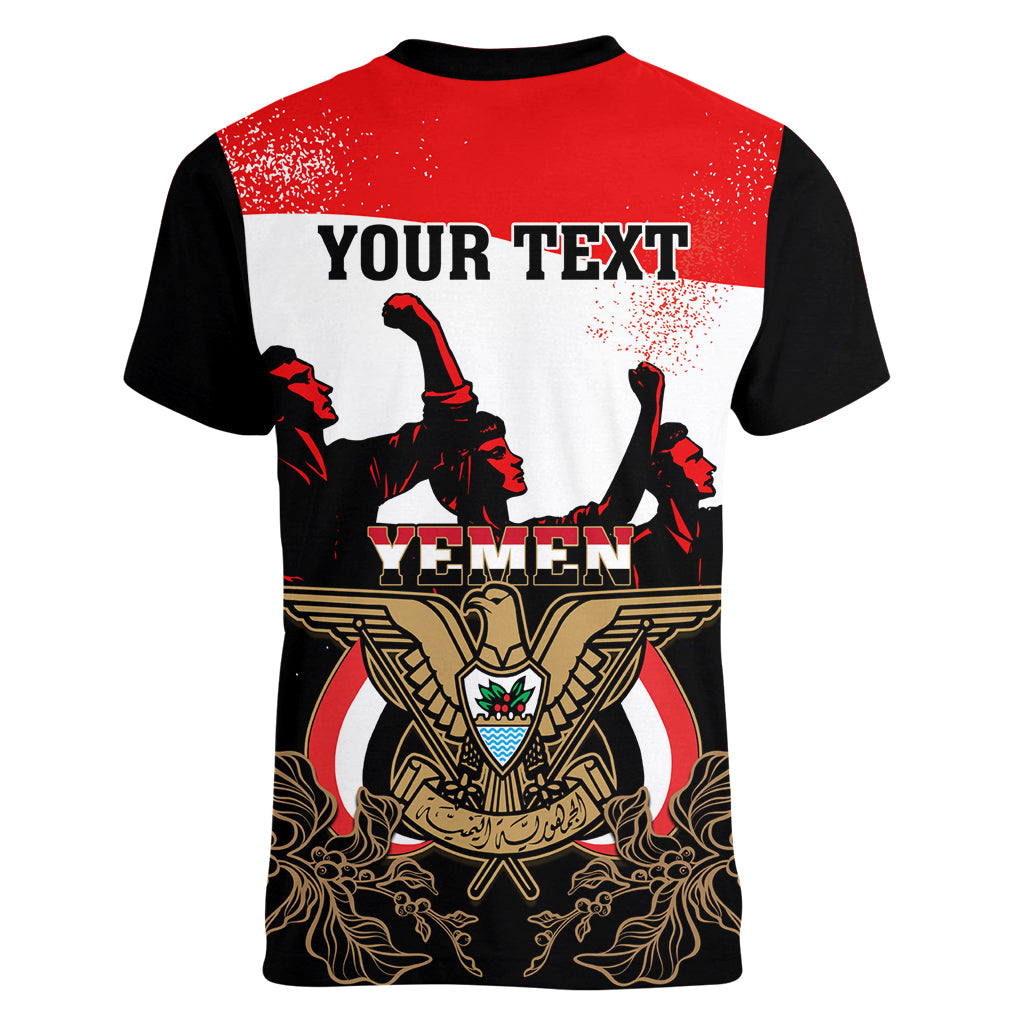 Personalised Yemen Independence Day Women V Neck T Shirt Yemeni Coat Of Arms With Coffea Arabica Flowers - Shopicos