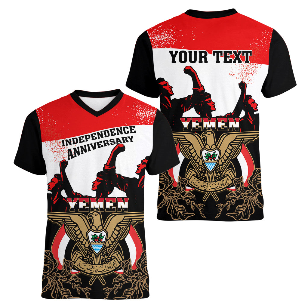 Personalised Yemen Independence Day Women V Neck T Shirt Yemeni Coat Of Arms With Coffea Arabica Flowers - Shopicos