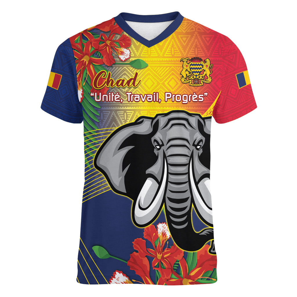 Chad Independence Day Women V-Neck T-Shirt Happy 64 Years Of Independence - Shopicos