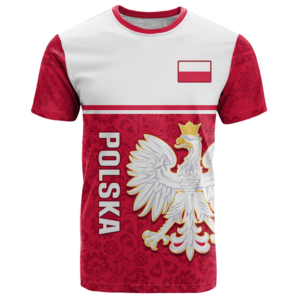 Personalised Poland T Shirt Polska Coat Of Arms With Folk Pattern - Shopicos