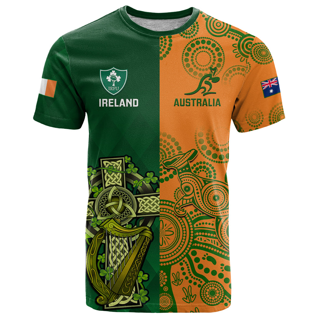 Custom Australia And Ireland Rugby T Shirt 2023 World Cup Walllabies With Shamrocks - Shopicos