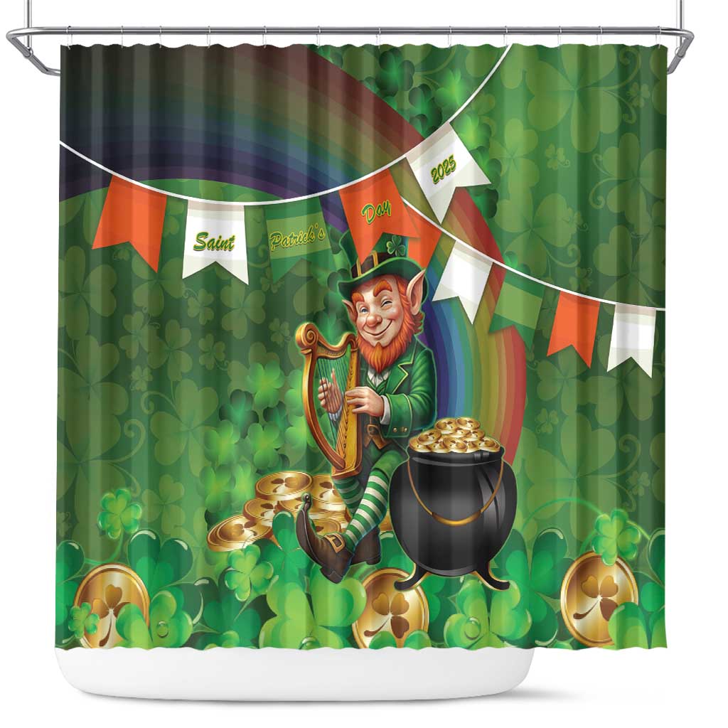 Happy Saint Patrick's Day Shower Curtain Leprechaun With Irish Harp - Shamrock Pattern - Shopicos
