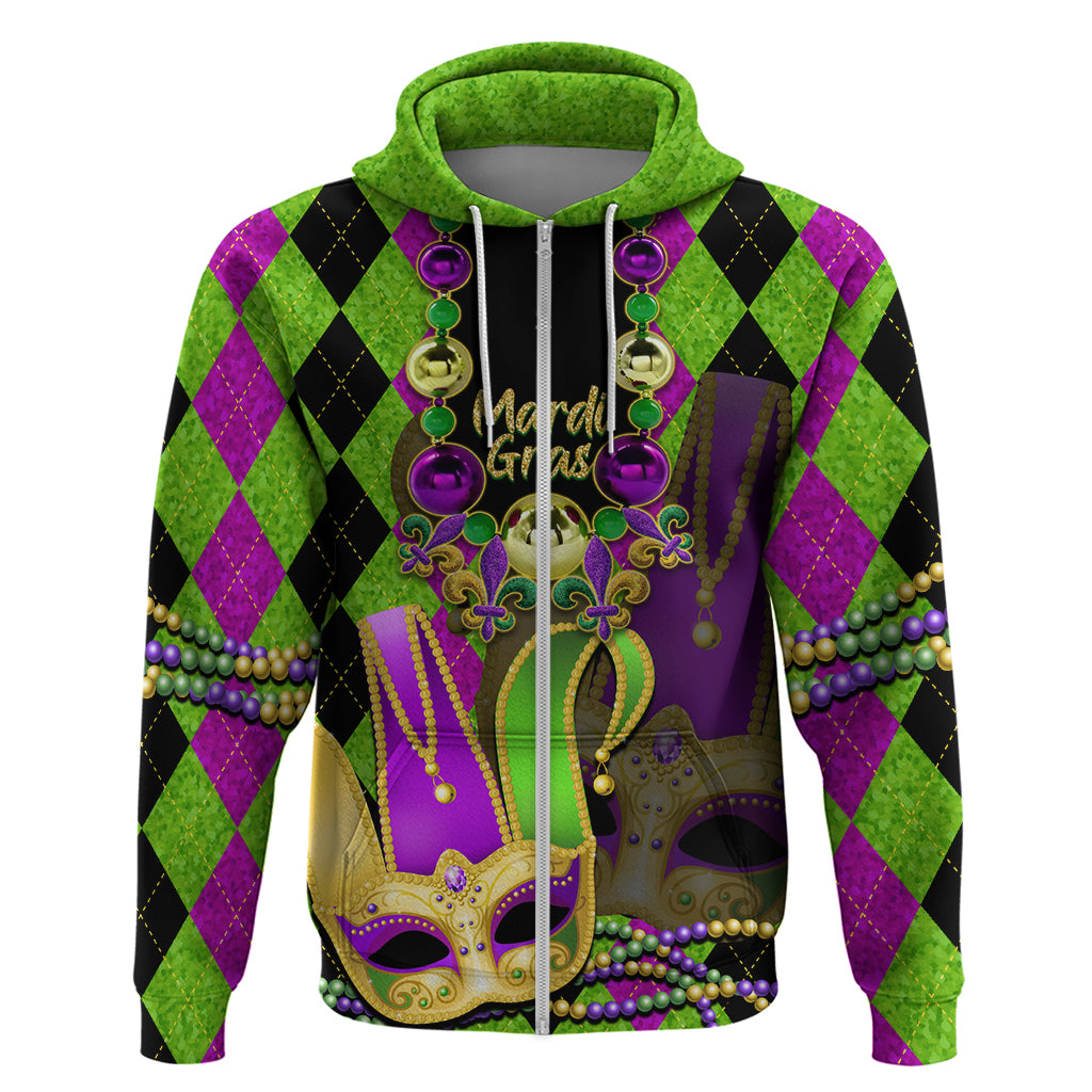 Mardi Gras 2024 Zip Hoodie Jester Mask With Beads Colorful Version - Shopicos