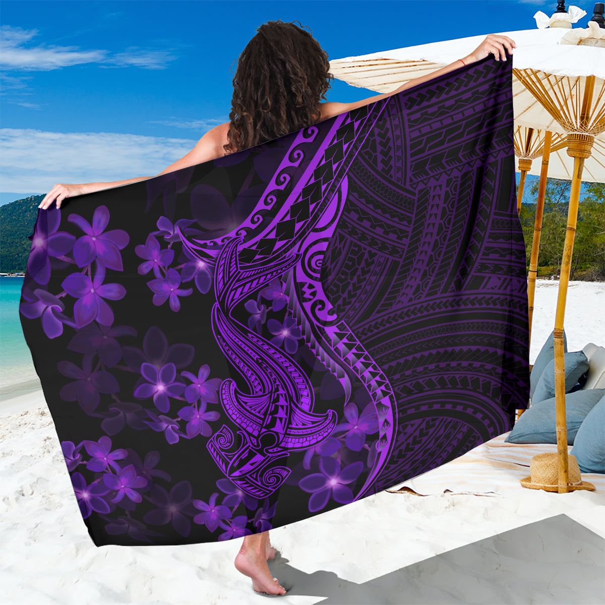 Purple Polynesia Shark Tattoo Sarong With Polynesian Plumeria - Shopicos