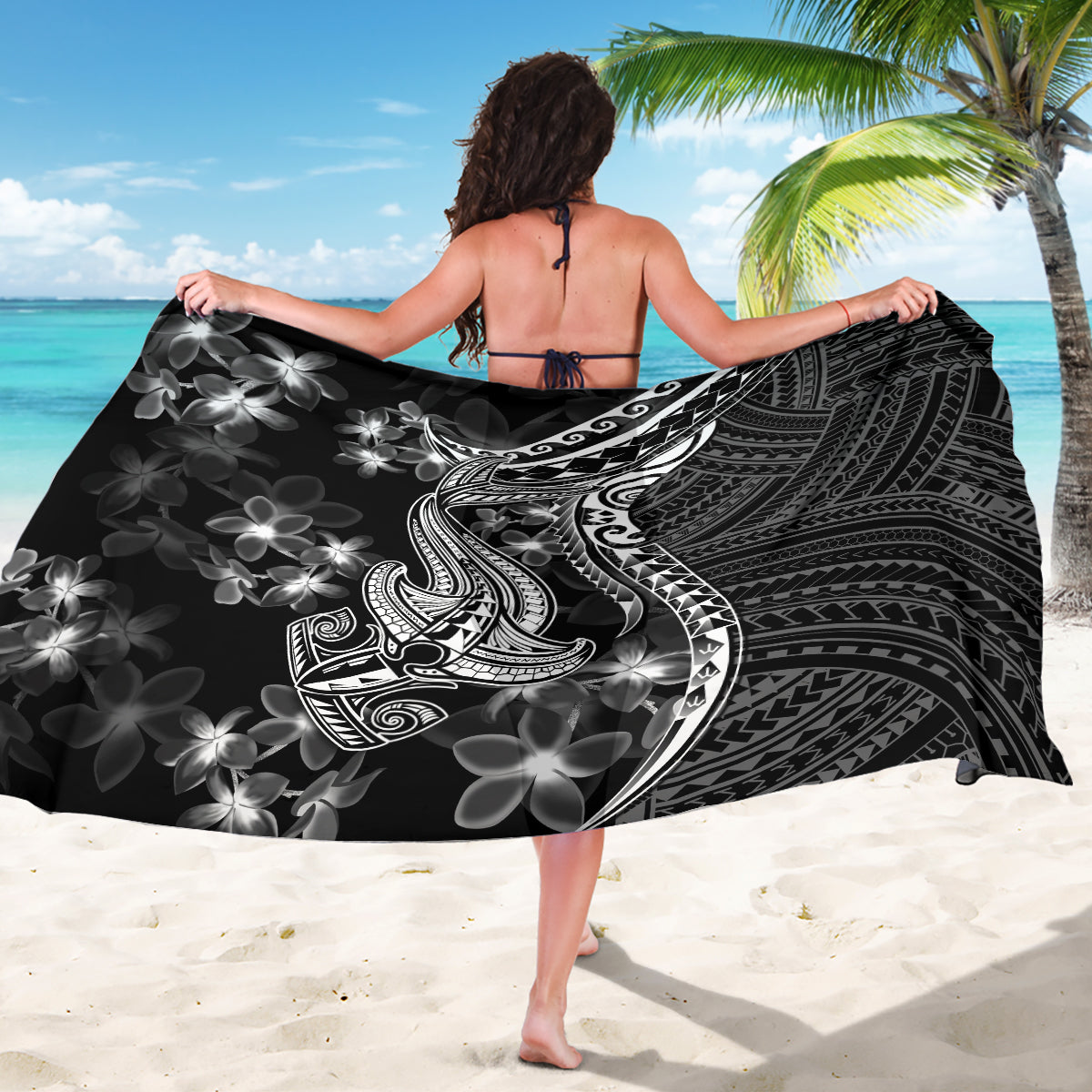 Black Polynesia Sarong Shark Tattoo With Polynesian Plumeria - Shopicos