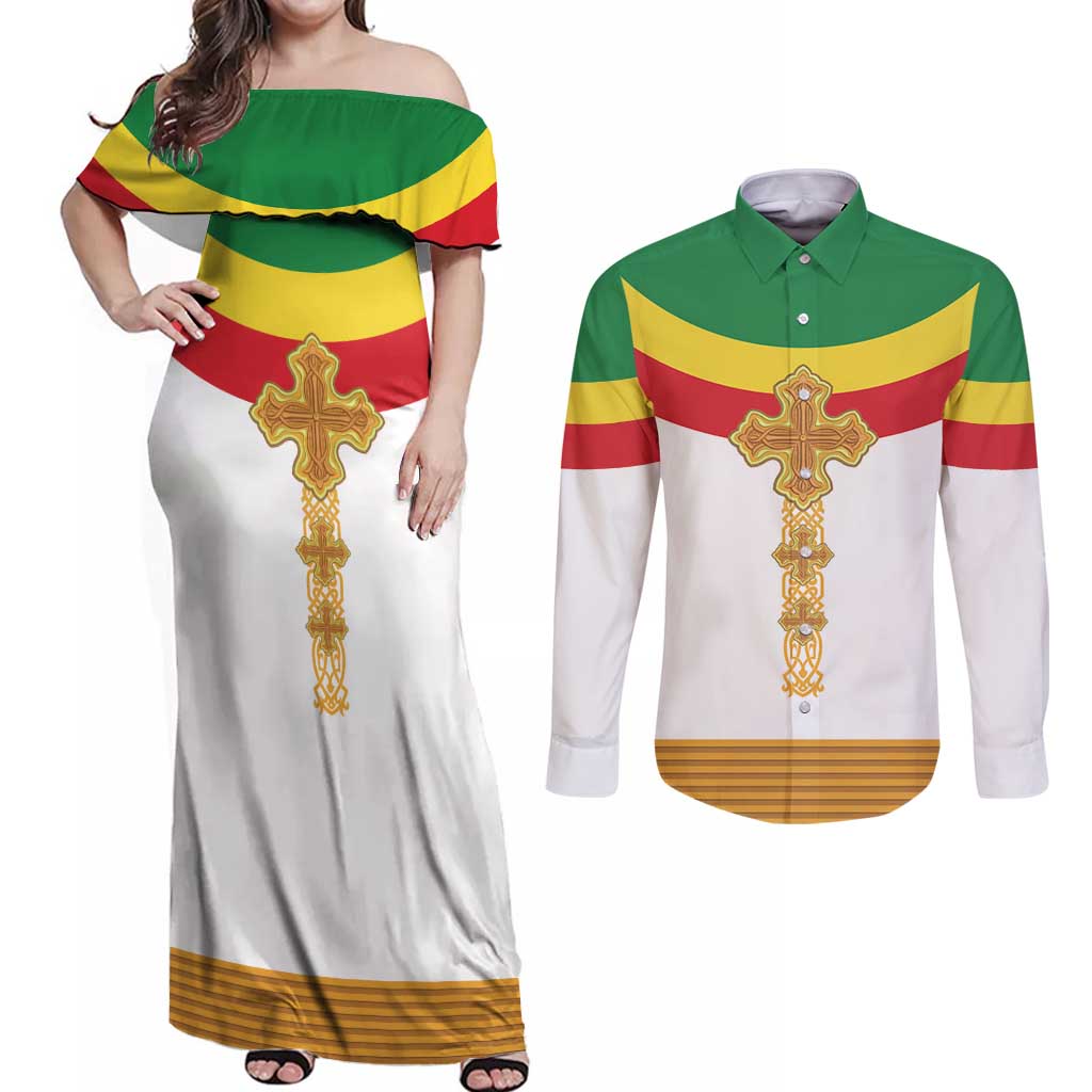 Ethiopia Meskel Couples Matching Off Shoulder Maxi Dress and Long Sleeve Button Shirt Ethiopian Cross - Shopicos