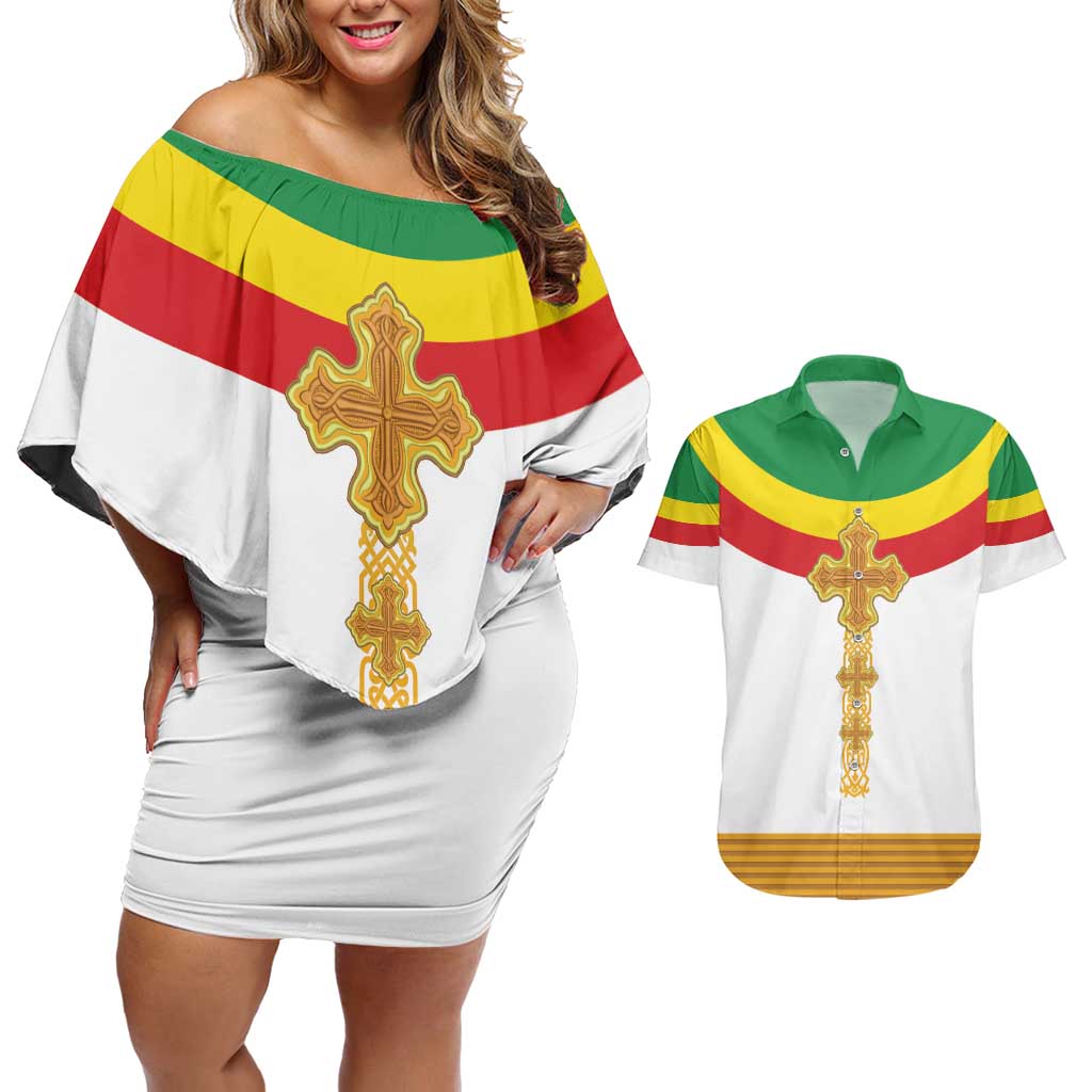 Ethiopia Meskel Couples Matching Off Shoulder Short Dress and Hawaiian Shirt Ethiopian Cross - Shopicos