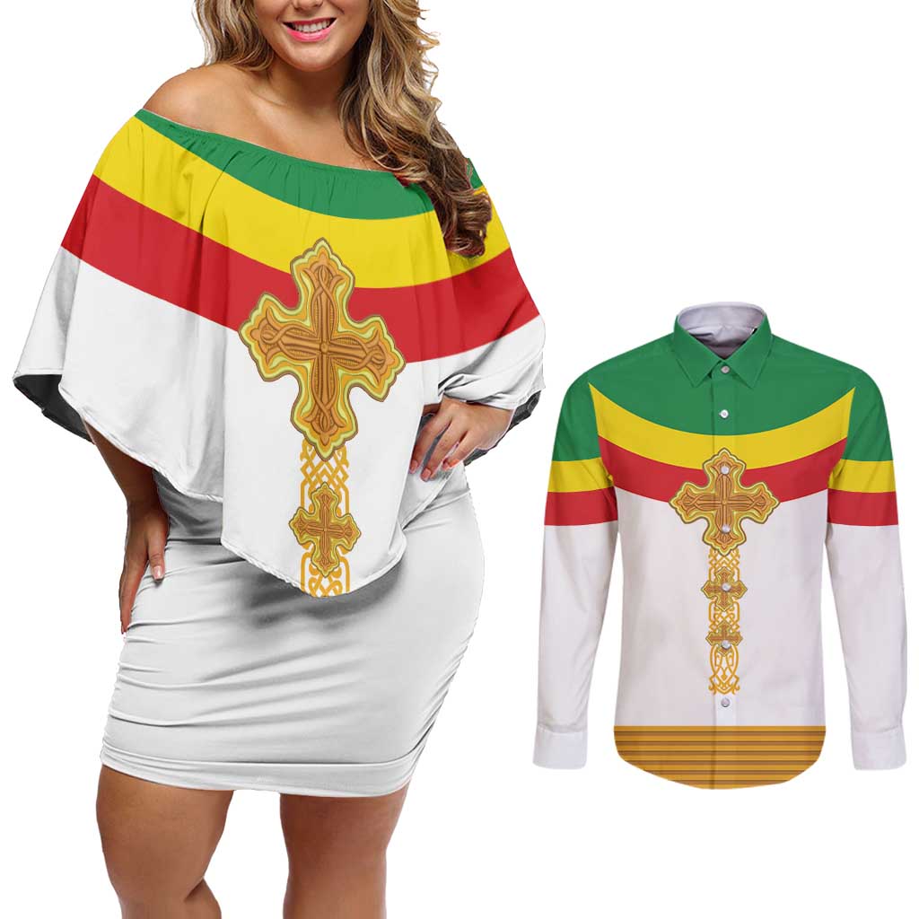 Ethiopia Meskel Couples Matching Off Shoulder Short Dress and Long Sleeve Button Shirt Ethiopian Cross - Shopicos
