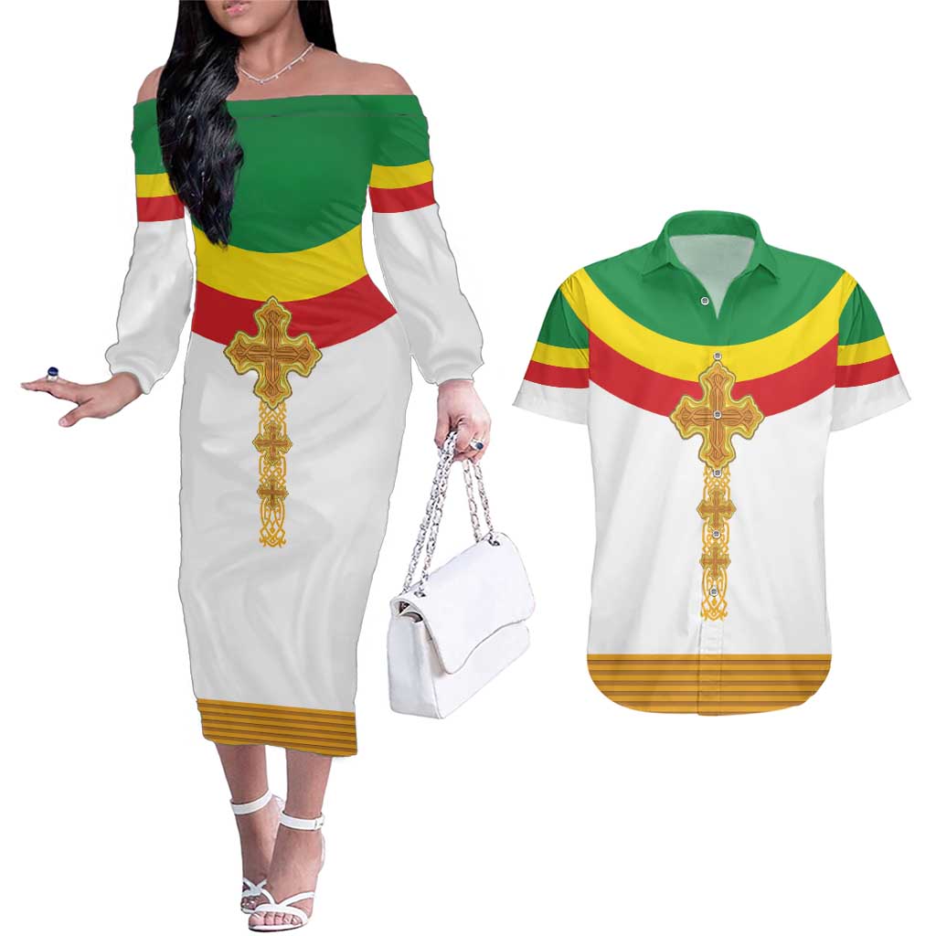 Ethiopia Meskel Couples Matching Off The Shoulder Long Sleeve Dress and Hawaiian Shirt Ethiopian Cross - Shopicos