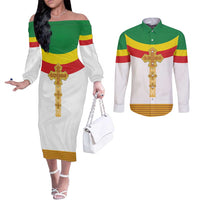 Ethiopia Meskel Couples Matching Off The Shoulder Long Sleeve Dress and Long Sleeve Button Shirt Ethiopian Cross - Shopicos