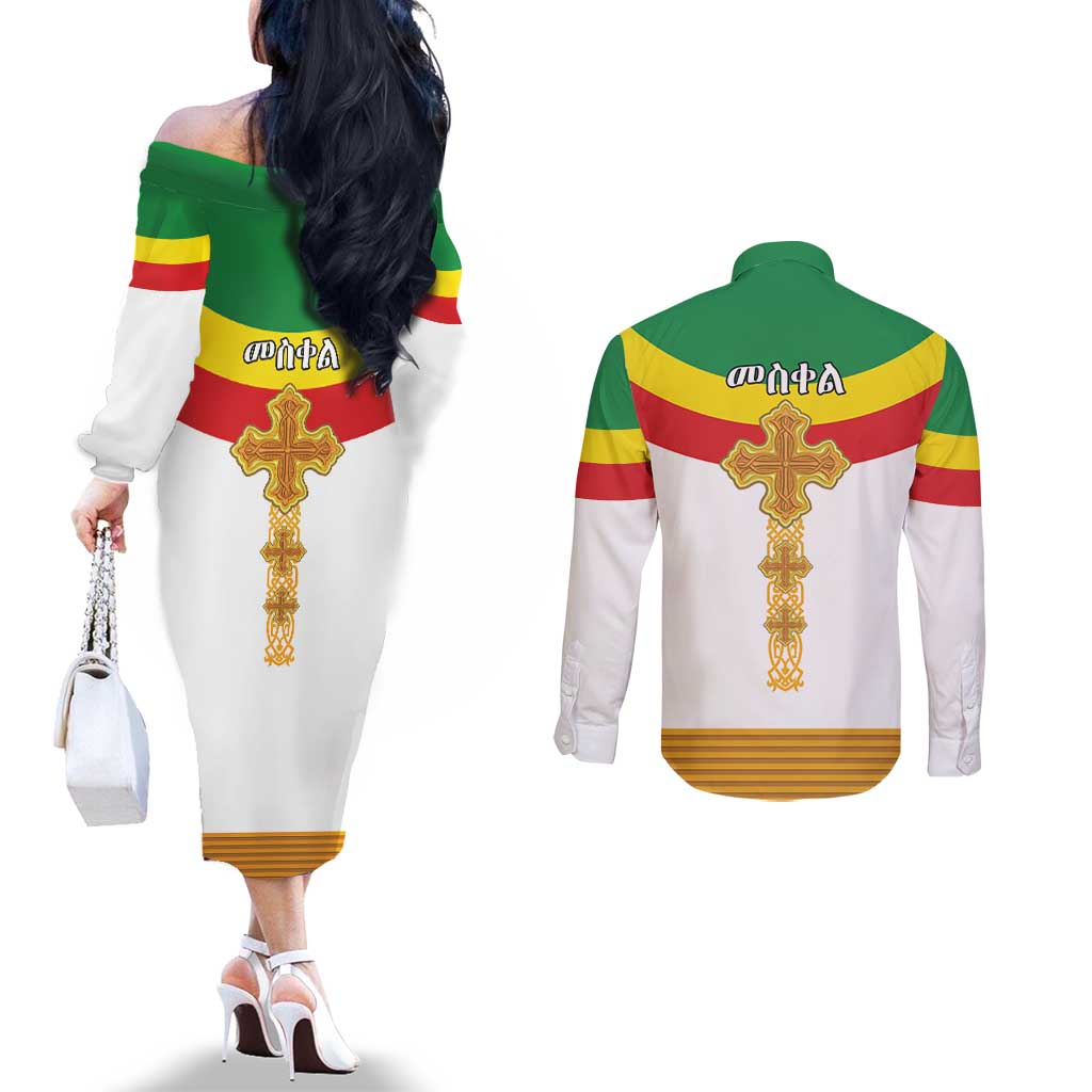 Ethiopia Meskel Couples Matching Off The Shoulder Long Sleeve Dress and Long Sleeve Button Shirt Ethiopian Cross - Shopicos