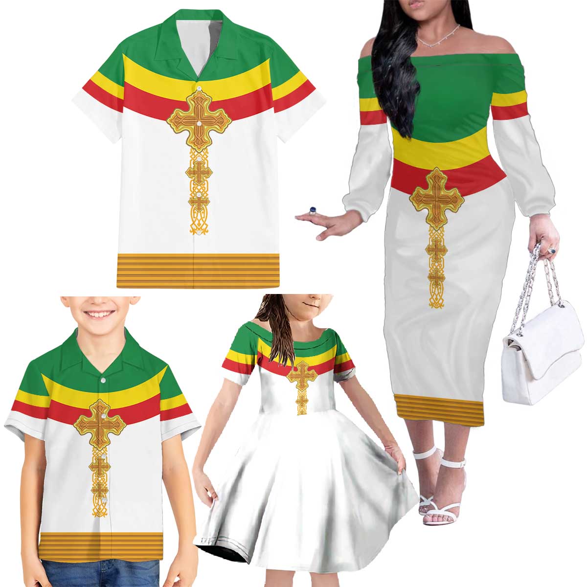 Ethiopia Meskel Family Matching Off The Shoulder Long Sleeve Dress and Hawaiian Shirt Ethiopian Cross - Shopicos