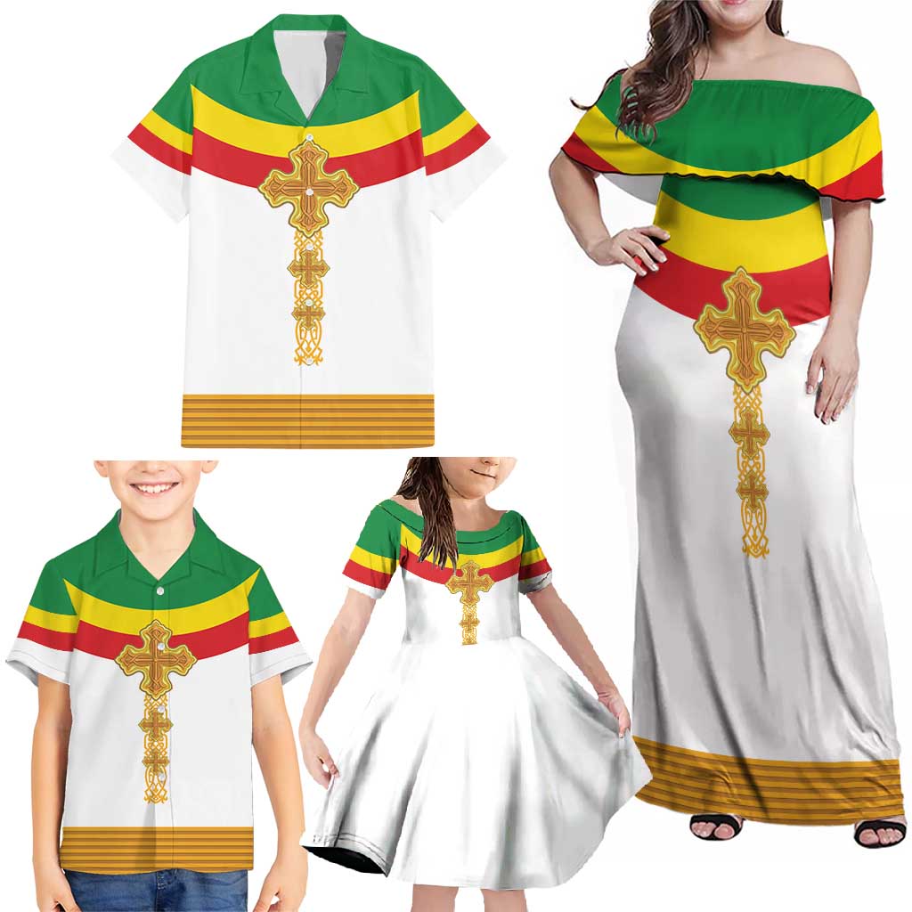 Ethiopia Meskel Family Matching Off Shoulder Maxi Dress and Hawaiian Shirt Ethiopian Cross - Shopicos