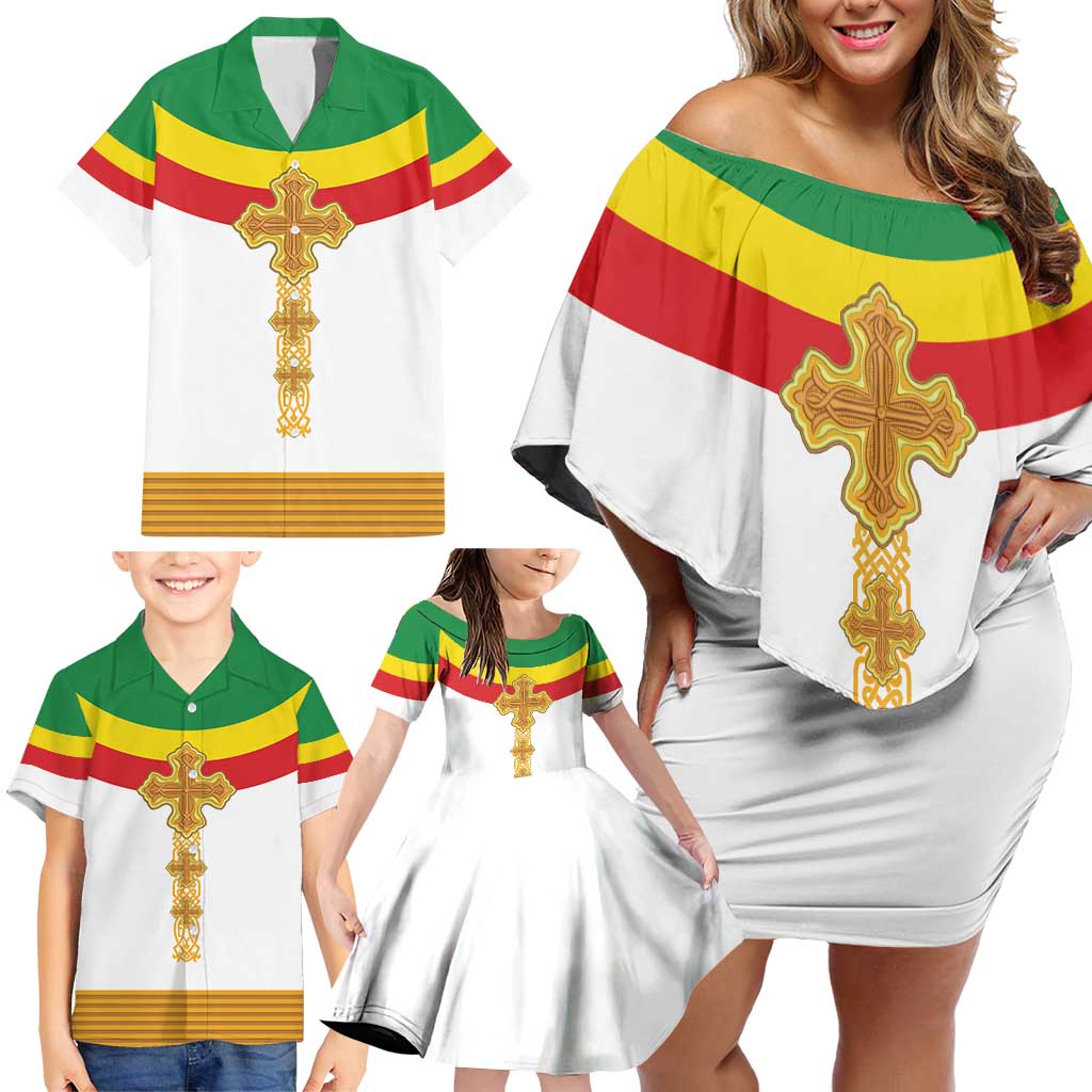 Ethiopia Meskel Family Matching Off Shoulder Short Dress and Hawaiian Shirt Ethiopian Cross - Shopicos