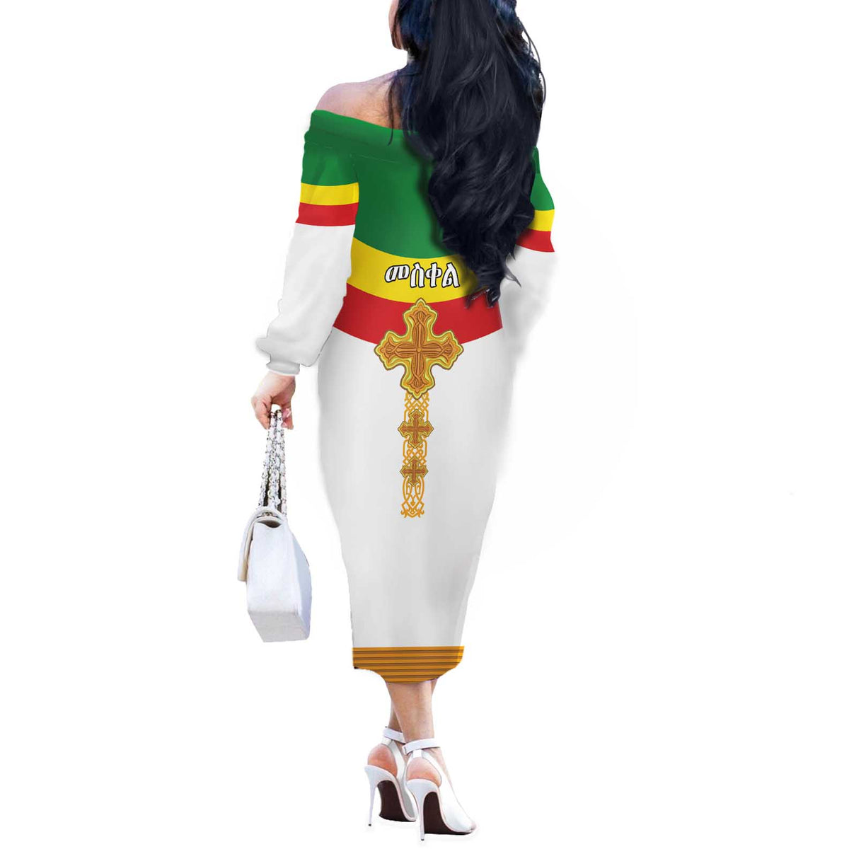 Ethiopia Meskel Off The Shoulder Long Sleeve Dress Ethiopian Cross - Shopicos