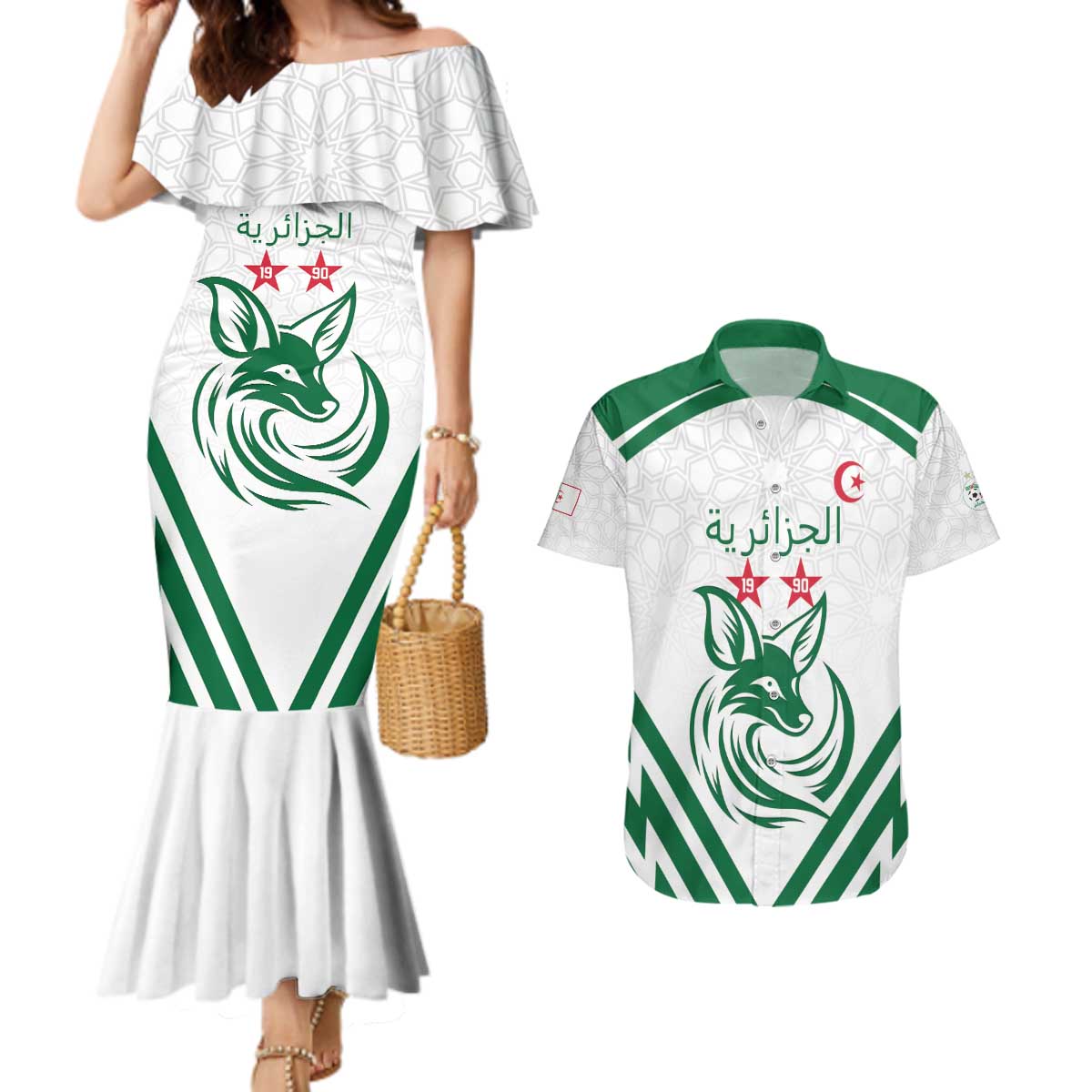 Custom Algeria Football Couples Matching Mermaid Dress and Hawaiian Shirt Go Fennecs Go - Shopicos