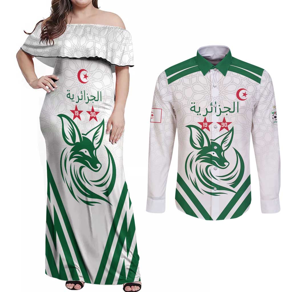 Custom Algeria Football Couples Matching Off Shoulder Maxi Dress and Long Sleeve Button Shirt Go Fennecs Go - Shopicos