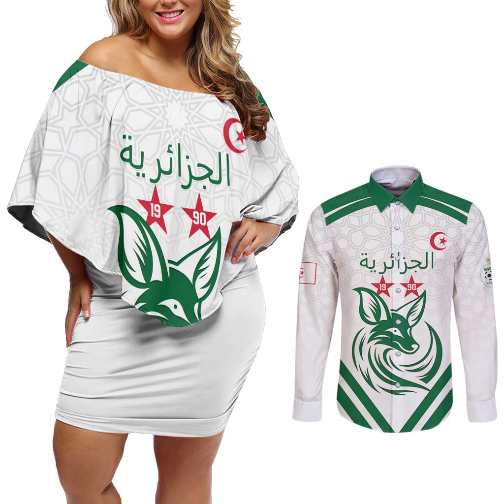 Custom Algeria Football Couples Matching Off Shoulder Short Dress and Long Sleeve Button Shirt Go Fennecs Go - Shopicos