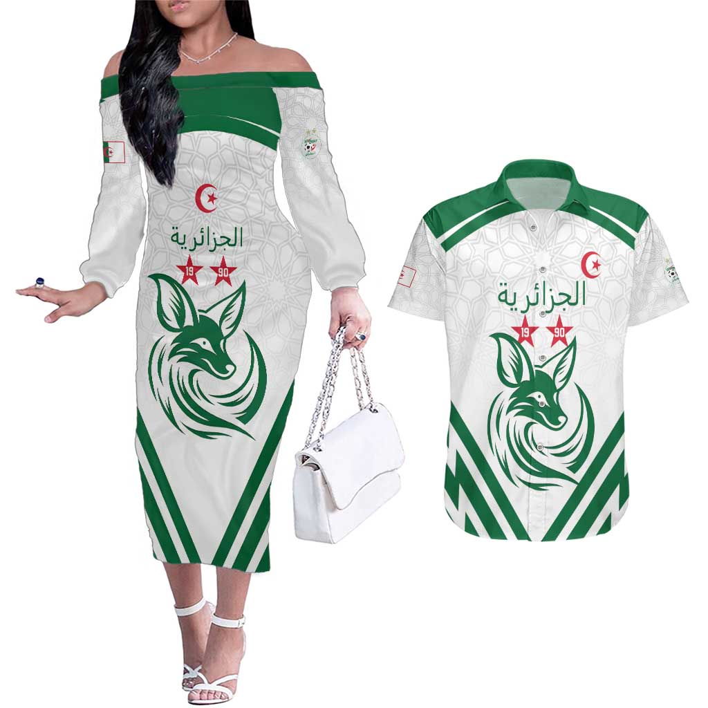 Custom Algeria Football Couples Matching Off The Shoulder Long Sleeve Dress and Hawaiian Shirt Go Fennecs Go - Shopicos