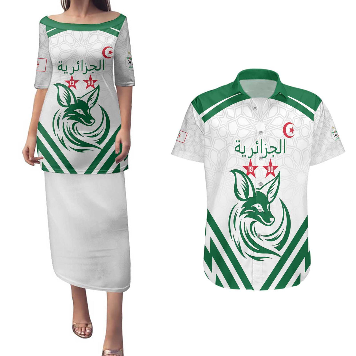 Custom Algeria Football Couples Matching Puletasi and Hawaiian Shirt Go Fennecs Go - Shopicos