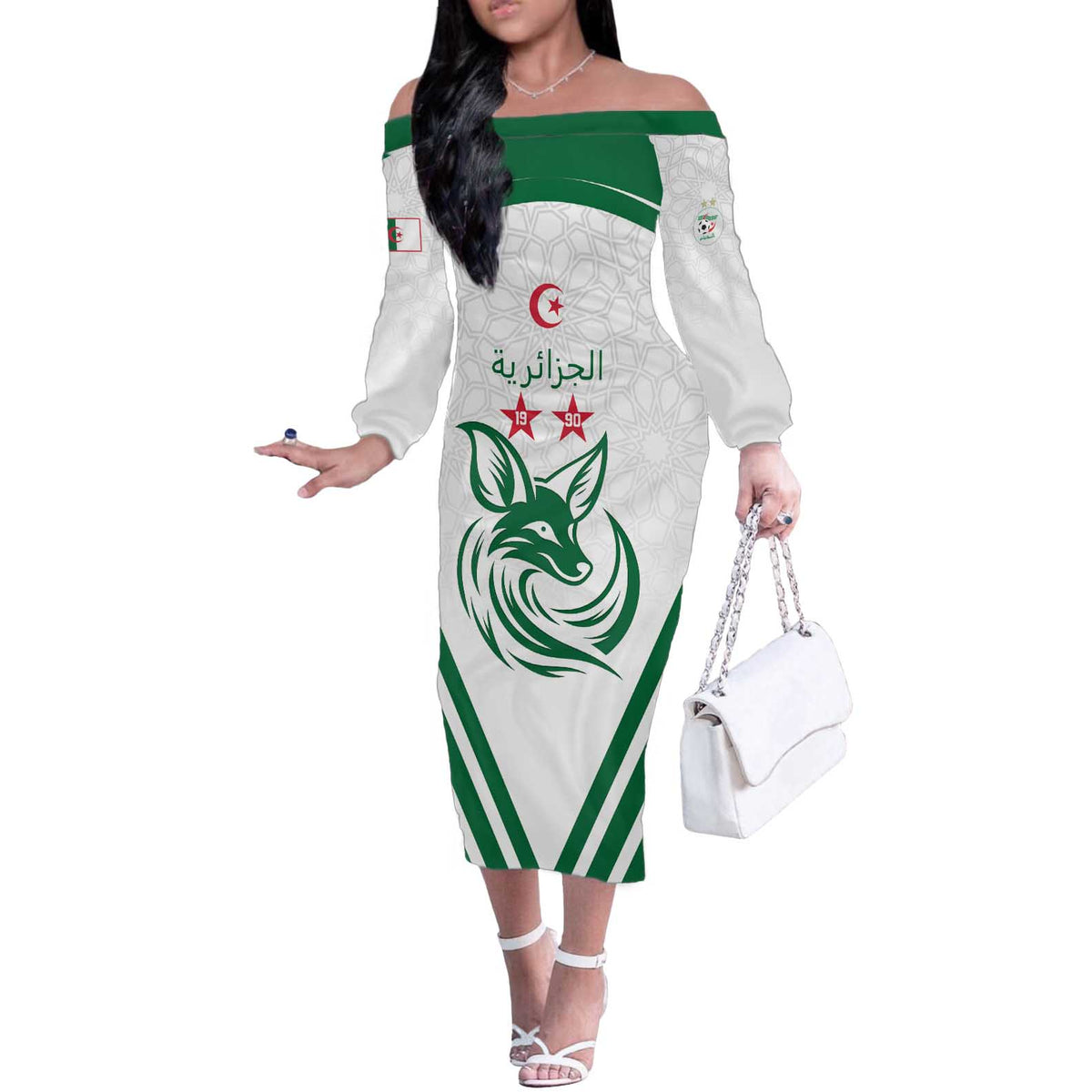 Custom Algeria Football Off The Shoulder Long Sleeve Dress Go Fennecs Go - Shopicos