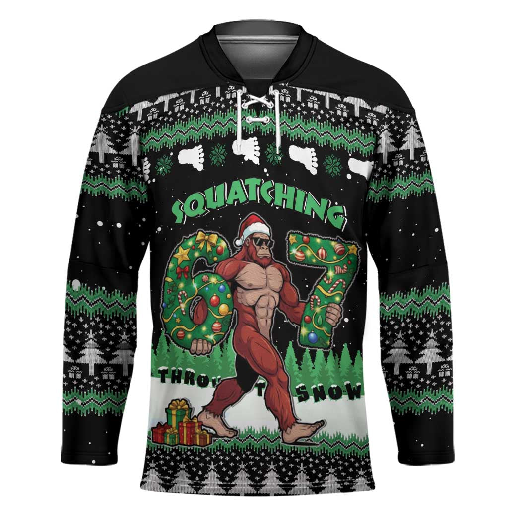 Funny Bigfoot 67 Six Seven Christmas Hockey Jersey Squatching Through The Snow - Shopicos