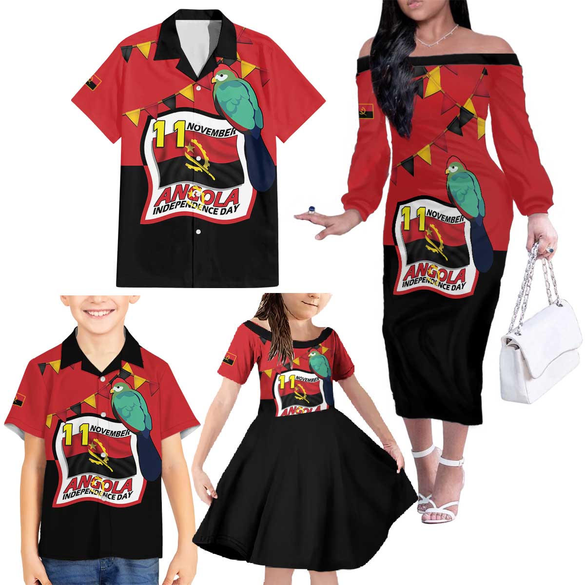 Happy Angola Family Matching Off The Shoulder Long Sleeve Dress and Hawaiian Shirt 50 Years of Independence - Shopicos