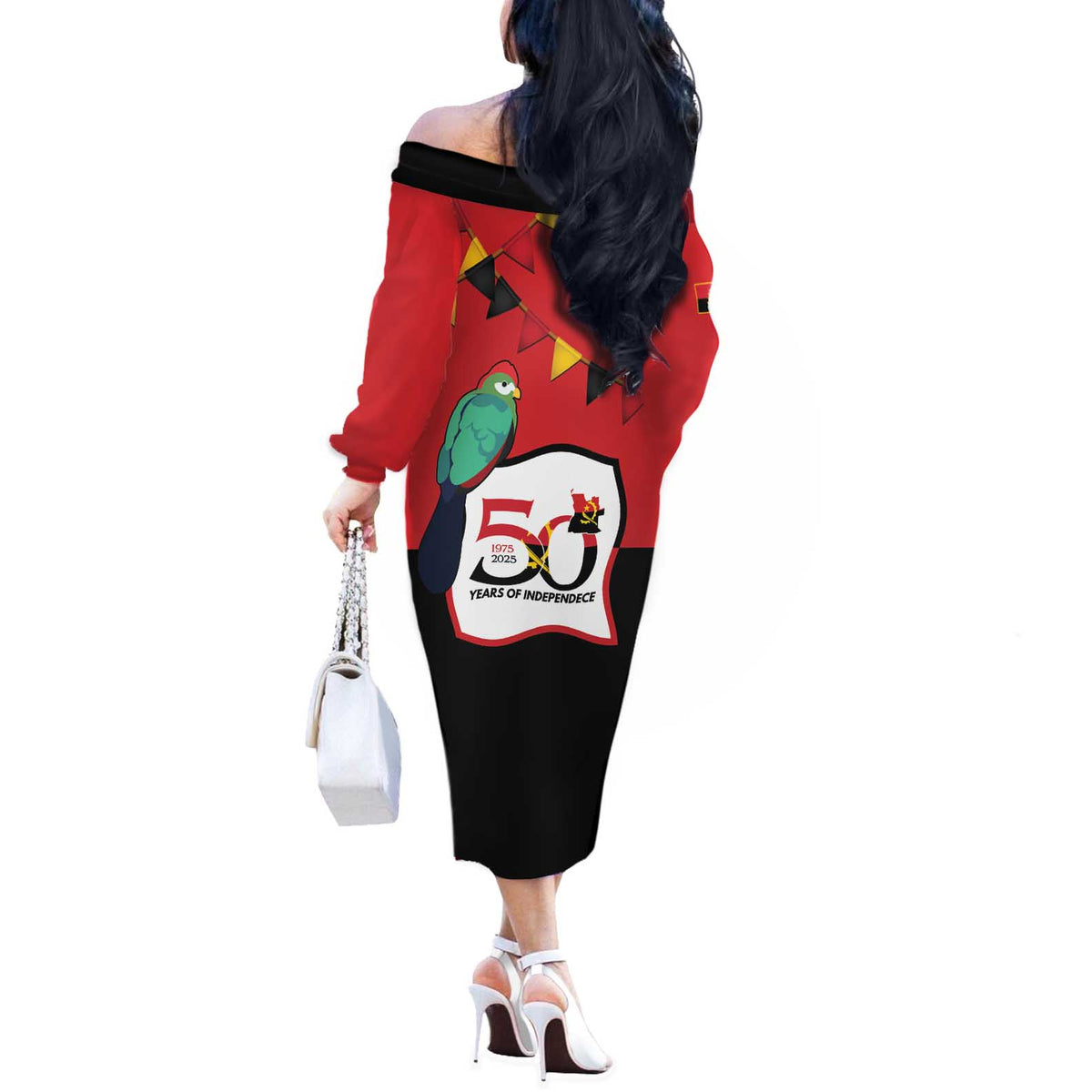 Happy Angola Off The Shoulder Long Sleeve Dress 50 Years of Independence - Shopicos