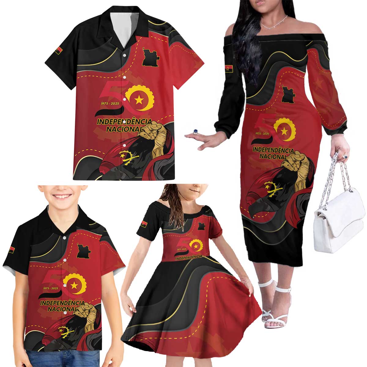 Personalized Angola Independence Day Family Matching Off The Shoulder Long Sleeve Dress and Hawaiian Shirt Virtue Is Stronger When United - Shopicos