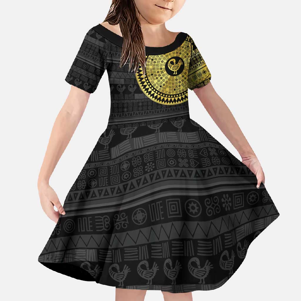 Sankofa Bird Family Matching Long Sleeve Bodycon Dress and Hawaiian Shirt Adinkra Symbols - Gold Version
